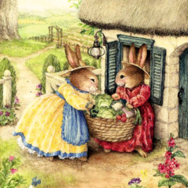 Ansichtkaart een Mand vol Konijnen Voer. 